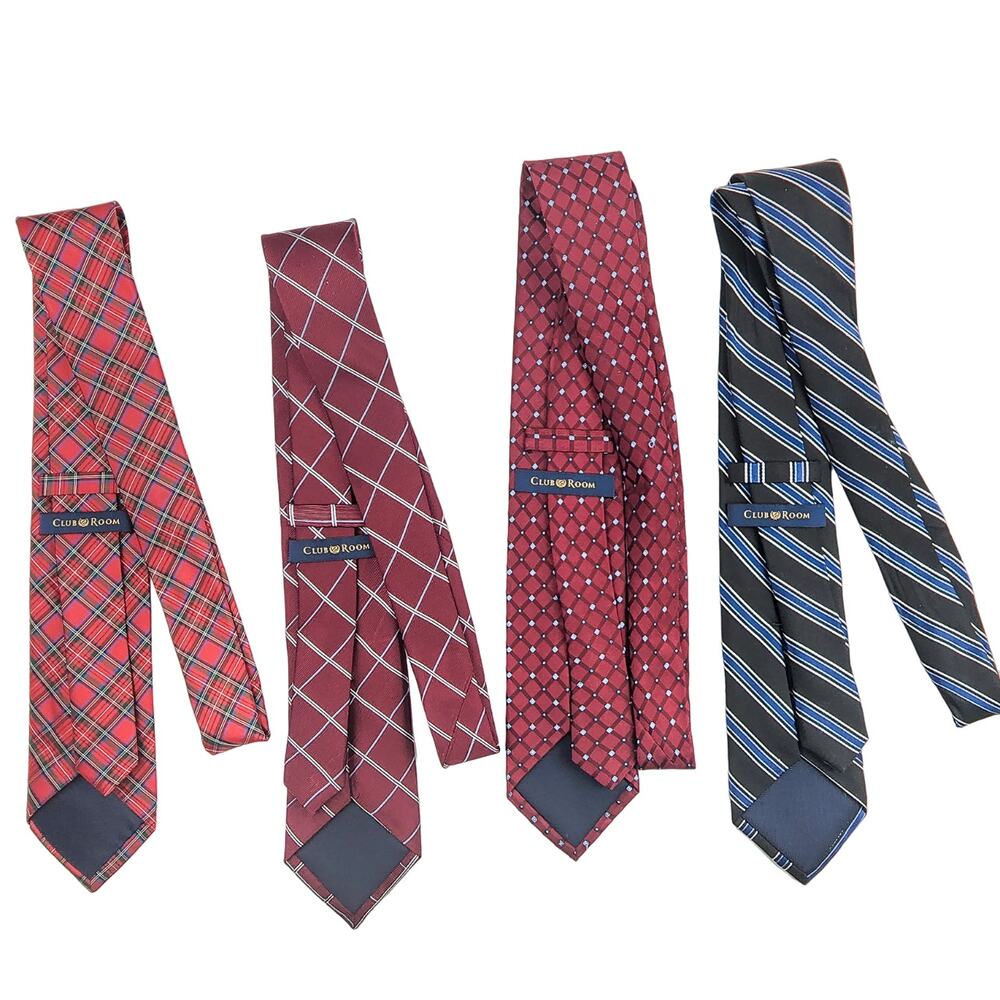 4 Men’s Neckties Lot of Club Room Ties All 100% Silk Blue Red Stripe Checkered